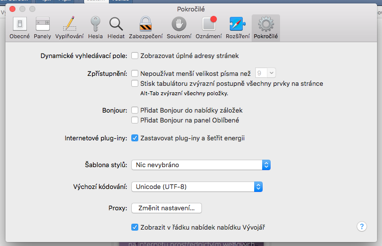 Safari Předvolby, aktivace: Zobrazit v řádku nabídek nabídku Vývojář